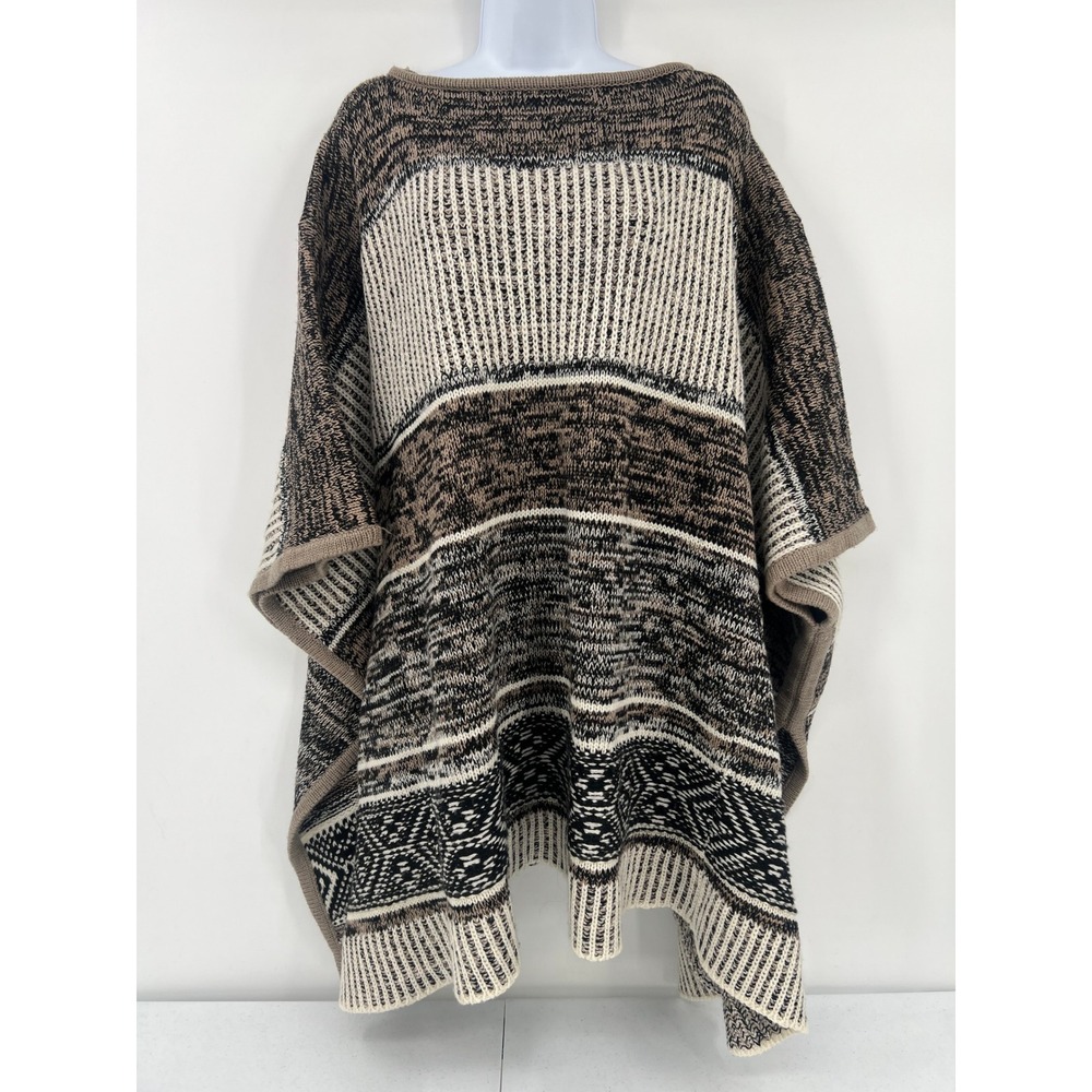 Gap One Size Brown Cream Black Geometric Stripe Wool Blend Knit Poncho Cape